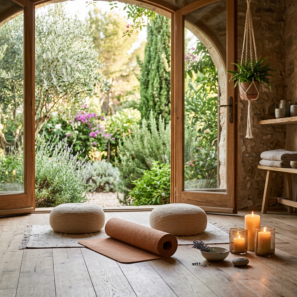 Yoga mat, cushions, candles, and hanging fern beside open doors to garden
